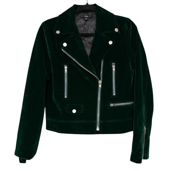 Lulu’s Dark Green Velvet Moto Jacket Zip Up Biker Coat Size Small - Picture 8 of 10